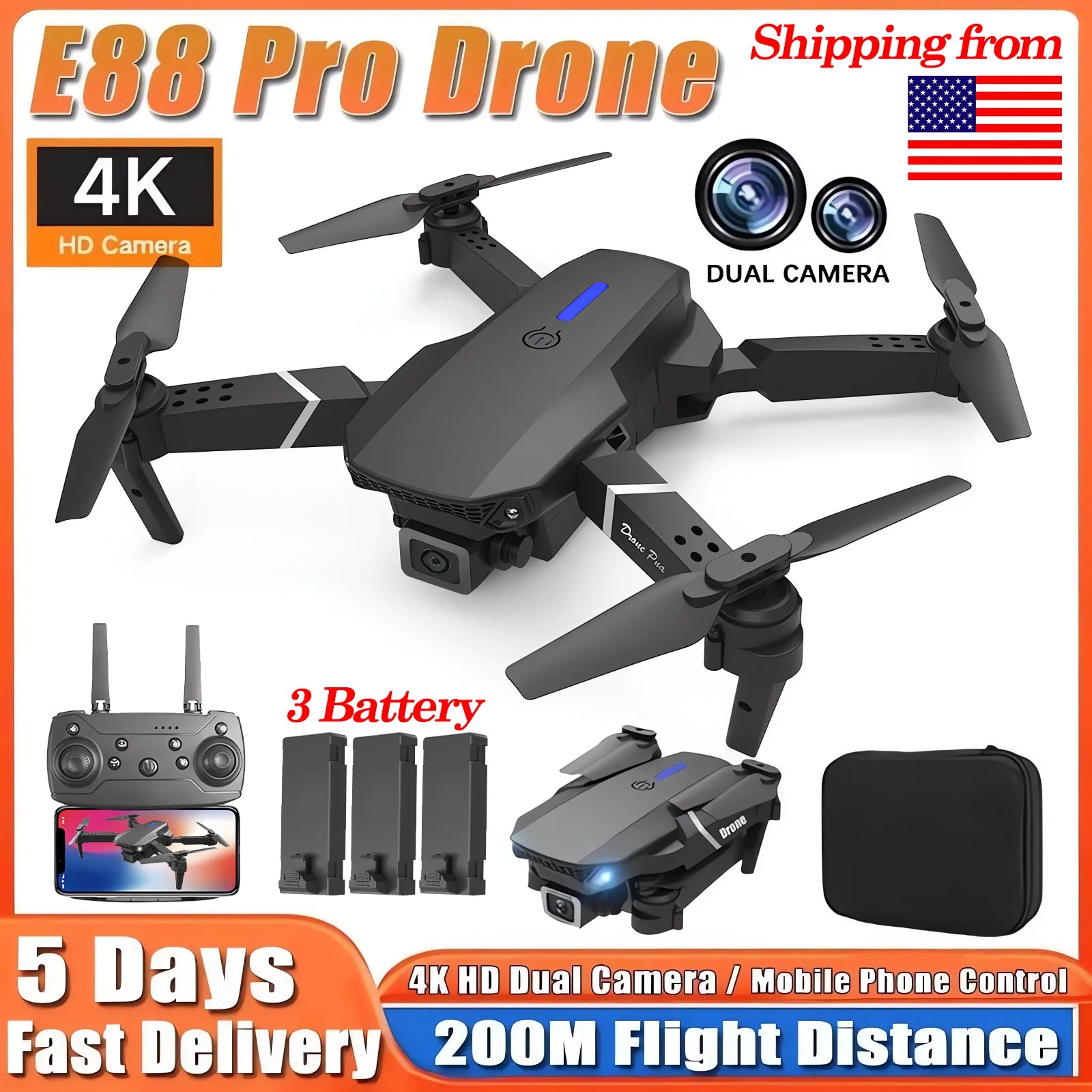 2025 E88Pro RC Drone 4K Professinal With 3 Battery 1080P Wide Angle HD Camera Foldable Helicopter WIFI FPV Height Hold Gift Toy